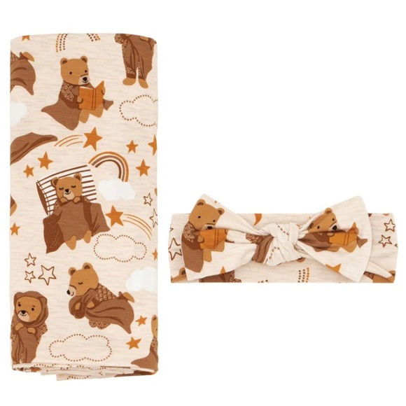 Little Sleepies Beary Sleepy Swaddle Blanket and Headband Bow Set - NWT - Picture 2 of 6